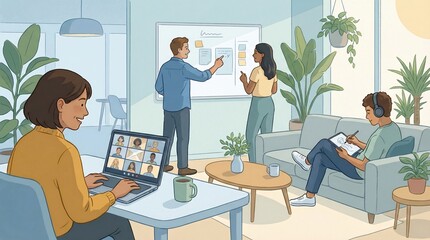 Diverse people collaborating remotely and in person using technology in a modern office space