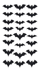 Many black bats scattered on a white background in a vertical arrangement, creating a patterned effect