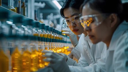 Two scientists work together in a laboratory filled with glass containers. They examine bright liquids and take notes on their findings. The setting is modern and well-lit