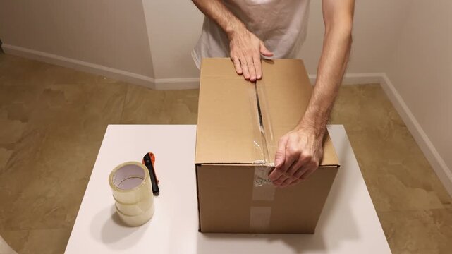 Man sealing cardboard box with adhesive tape during packing process