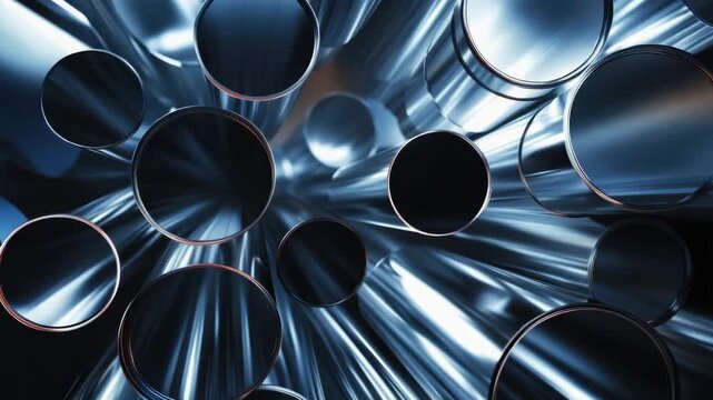 A bunch of metal pipes are shown in a spiral pattern. The pipes are silver and are arranged in a circular pattern