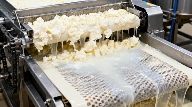 Automated belt system in action medium shot capturing curd flowing over perforated screens while machinery efficiently separates whey in a modern cheese production line.