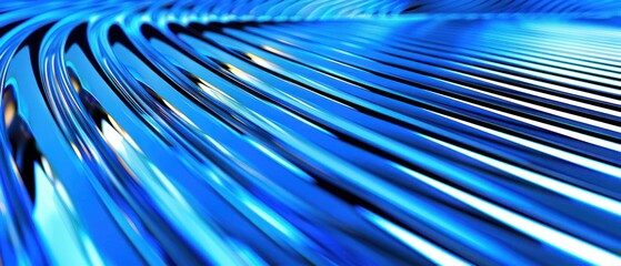 Blue metallic background, shiny chrome striped 3D metal abstract curve bend texture.