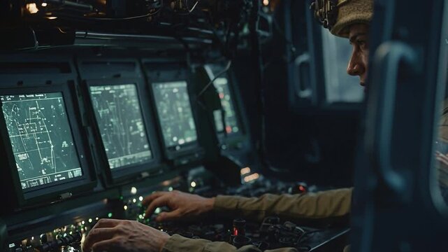 A service member sits in a military vehicle and operates control screens that display maps and data. This action takes place at night, focusing on mission planning and coordination