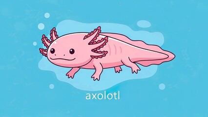 Adorable Pink Axolotl Character Swimming Happily in Blue Water - Cute Aquatic Amphibian Illustration with Friendly Expression