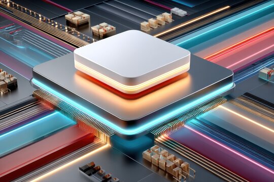 Futuristic high-tech background with a glowing AI chip layered on a sleek platform