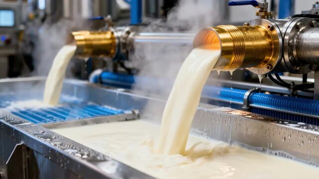 Multivat cream pasteurization system in medium shot highlighting simultaneous heating and cooling processes with smooth cream flow and steam vapor in an industrial setting.