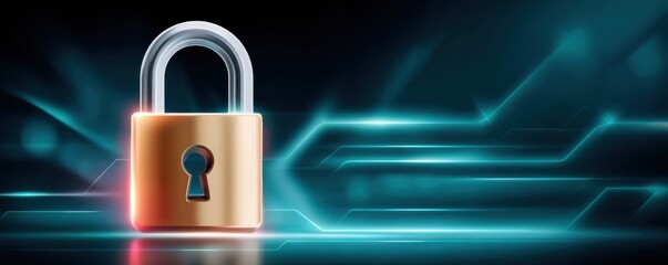Gold padlock with blue neon circuitry background representing digital security and cyber protection