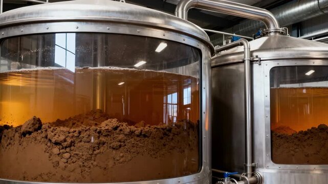 Medium shot of large covered juice clarification tanks with visible settling mud layers inside in an industrial interior setting.