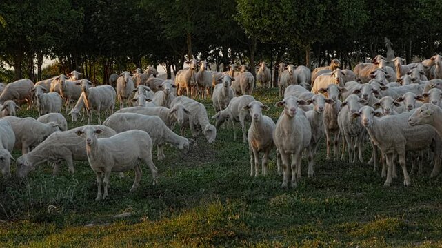 Spain,Navarre, Aranguren, April 29, 2025. Sheep walking in a forest