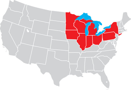 The Great Lakes States Highlighted on Map of USA Vector