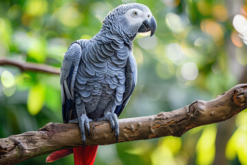 Fototapeta premium Young African Grey Parrot Sitting on a Tree Perch