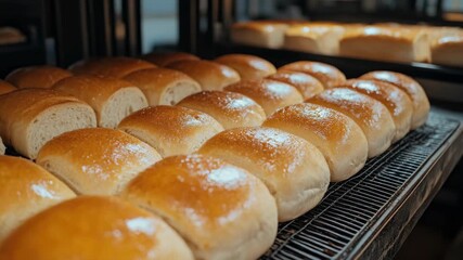 An of freshly baked bread buns in an industrial oven, ready for packaging or sale.
