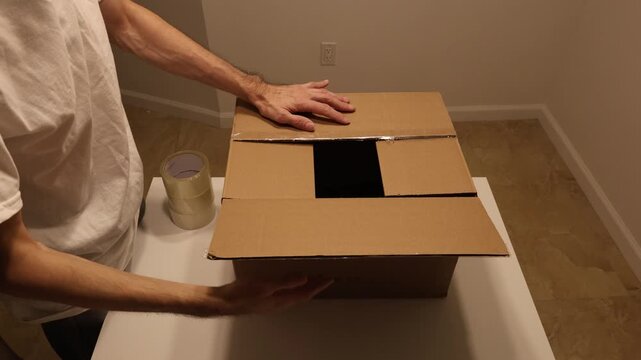 Man closing and sealing cardboard box with packing tape