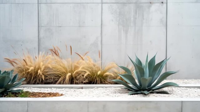 Modern Garden Oasis: Tranquil Plants Against Concrete Wall