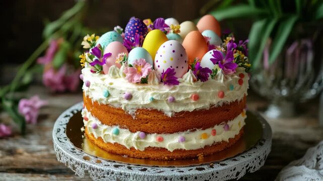 A festive layered cake decorated for Easter with bunny ears and pastel-colored painted eggs on top, sitting on a lace doily.