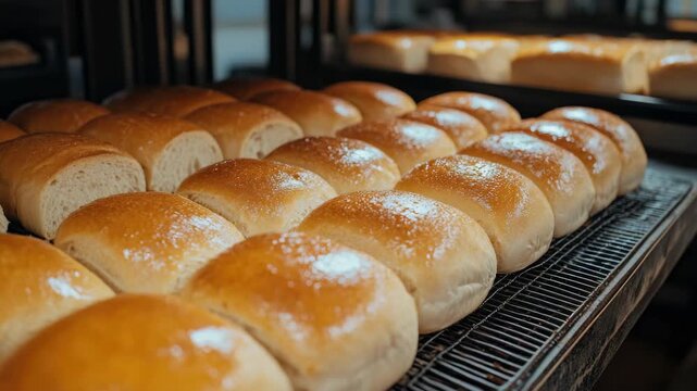 An of freshly baked bread buns in an industrial oven, ready for packaging or sale.