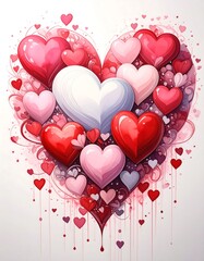 Many colorful hearts arranged to form a large heart, with swirling, blurred elements around