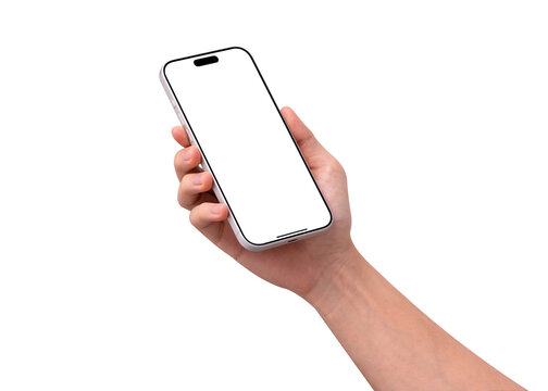 Side view of hand holding smartphone mockup with blank transparent screen isolated on transparent background. Mobile phone with empty display for copy space.