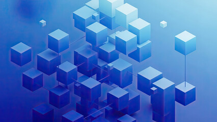 Abstract 3D blue cubes arranged in a network structure with connecting lines