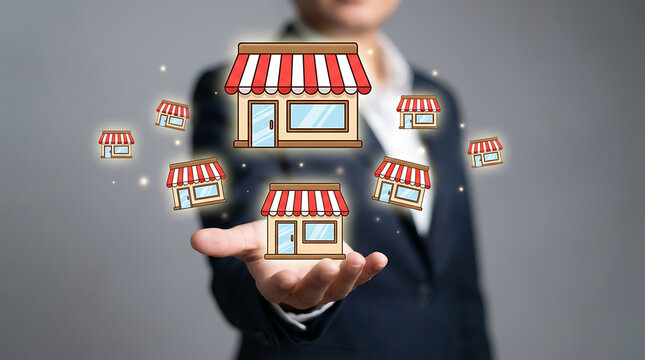 Franchise business concept. Businessman use laptop with franchise marketing system on virtual screen. Franchise business or marketing expansion for growth