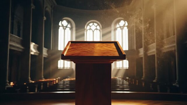 Podium in sunlit church interior with stained glass windows and dramatic rays