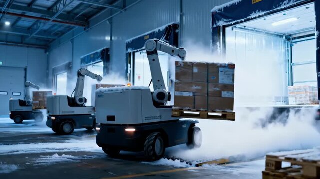 Robotic vehicles operating in an open dock area with visible cold air emissions transporting pallets seamlessly between blast freezers and storage zones.