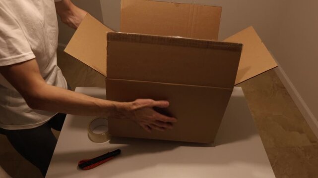 Man assembling and sealing cardboard box using tape and utility knife