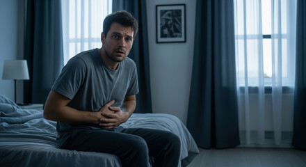 Fototapeta premium Young man sitting on bed clutching his stomach in pain. Suitable for medical articles, health blogs, or insomnia topics.