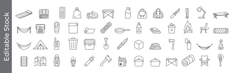 Camping and outdoor equipment icon set – editable outline symbols of sleeping bag, tent, backpack, hammock, knife, campfire and map © marufpro555777