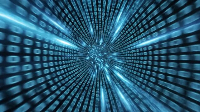 Binary Code Tunnel in Futuristic Style with Blue Neon Lighting on Digital Background for Technology