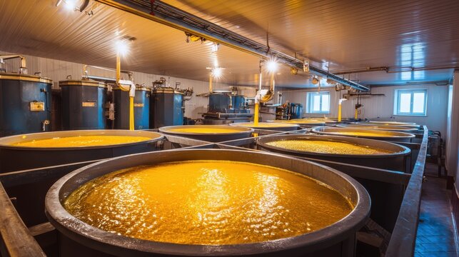 Industrial fermentation tanks filled with vibrant orange liquid in a modern processing facility, showcasing advanced production techniques for various applications.