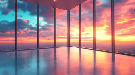 Fototapeta premium A modern interior with glass walls showcasing a stunning sunset view, reflecting warm hues in a serene atmosphere.