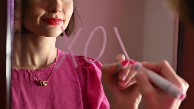 Girl Writing &ldquo;XO XO&rdquo; on a Mirror for Valentine&rsquo;s Day symbolizing hugs and kisses, affection, and playful romantic communication. Romantic love note concept, relationships and heartfelt messages.