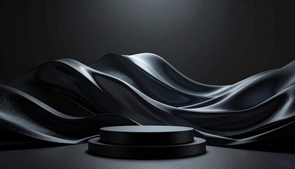A sleek black podium stands on a dark stage with flowing abstract waves in the background, captured from a front viewpoint.