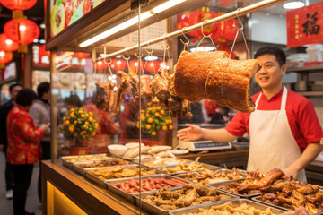 Chinese Food Vendor Smiling at Traditional Roasted Meats Stall