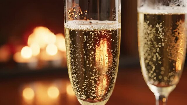 Two elegant champagne flutes filled with sparkling golden wine bubbling gently set against a beautifully blurred warm and inviting fireplace creating a cozy and romantic atmosphere perfect for celebr.