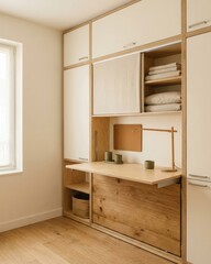 Fototapeta premium Built in wardrobe with pull out wooden desk in small room