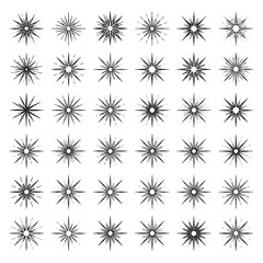 Many radiating, starburst-like designs arranged in rows and columns against a plain white background, black and white illustration