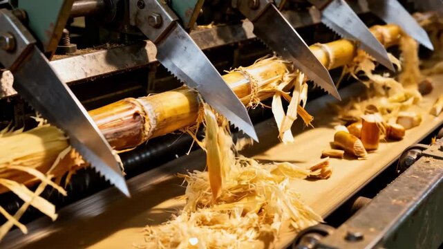 Dynamic medium view of knives slicing sugar cane on an automated line showcasing the intricate fiber separation process before juice extraction.