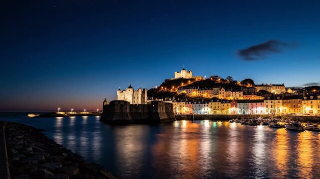 St Peter Port (Guernsey) Sunset Day to Night Harbor 4K Video