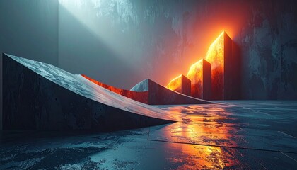 Futuristic cityscape with sleek skyscrapers and a dramatic ramp in a neon-lit environment viewed from a low angle