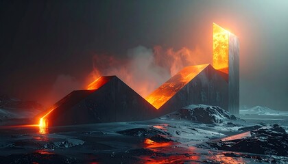 Volcanic eruption illuminates dark landscape with fiery lava and molten rock flowing into icy waters