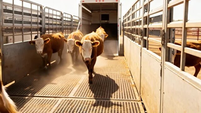 Calm cattle moving from trailers into spacious welllit pens with nonslip flooring showcasing humane livestock unloading practices in a safe farm environment.