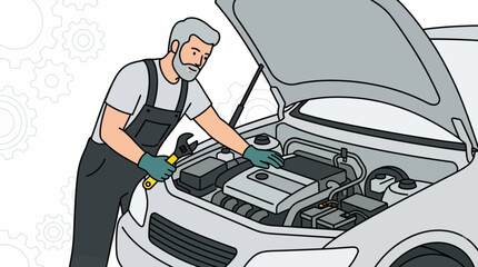 Professional mechanic inspecting car engine holding a wrench, concept for auto service, garage workshops and vehicle repair advertising