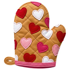 Brown quilted felt oven mitt with many red and pink hearts on transparent background