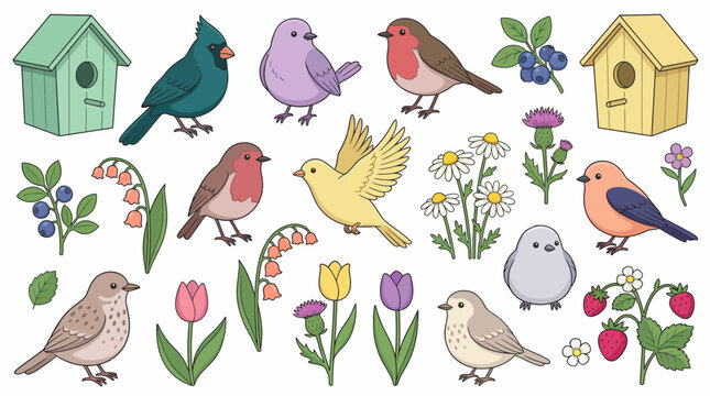 Hand-drawn collection of colorful spring birds including cardinal, robin and various flowers, fruits and birdhouses on white, concept for educational design, seasonal illustration and nature themes