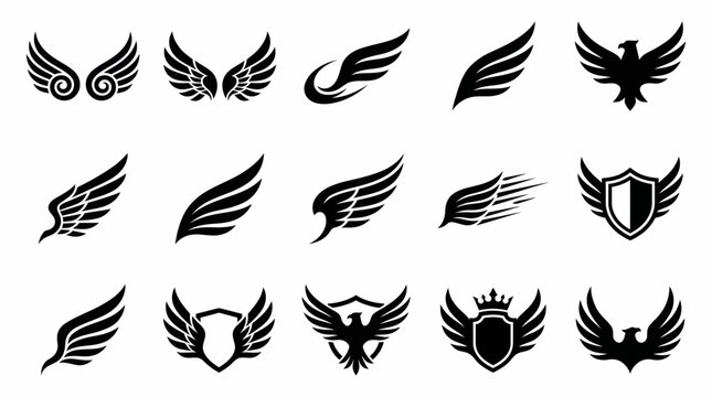 Collection of 15 various black wing, eagle and crest vector icon silhouettes on a transparent background, concept for esport gaming emblems, security badges and sports club branding