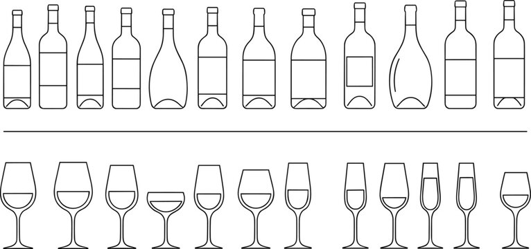Wine bottle and glass outline icon set featuring various shapes for bar menus, winery branding, and beverage design projects