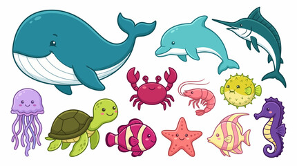 Obraz premium Cute cartoon collection of ocean creatures including whale, dolphin, crab, turtle and tropical fish, concept for children's books, educational materials and surface pattern design